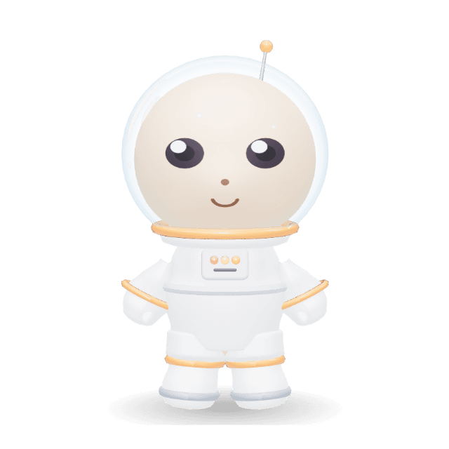 Little Astronaut: A little astronaut in a padded space suit and clear bubble helmet, with an antenna, a life-support pack, puffy gloves and moon boots
